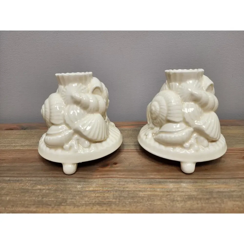 Vintage Shafford Japan 1989 Candlestick Holder Set Shells Coastal Ivory